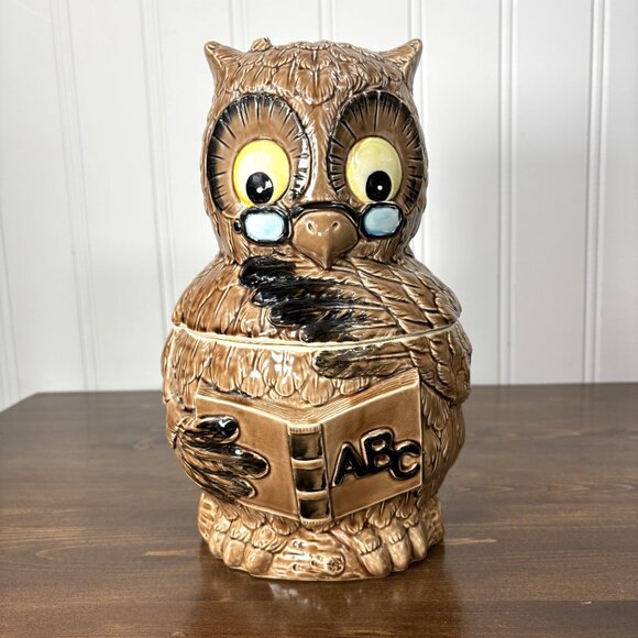 Vintage Owl Cookie Jar Retro Pottery Kitchen Canister Wise Owl Teacher - Picture 2 of 16